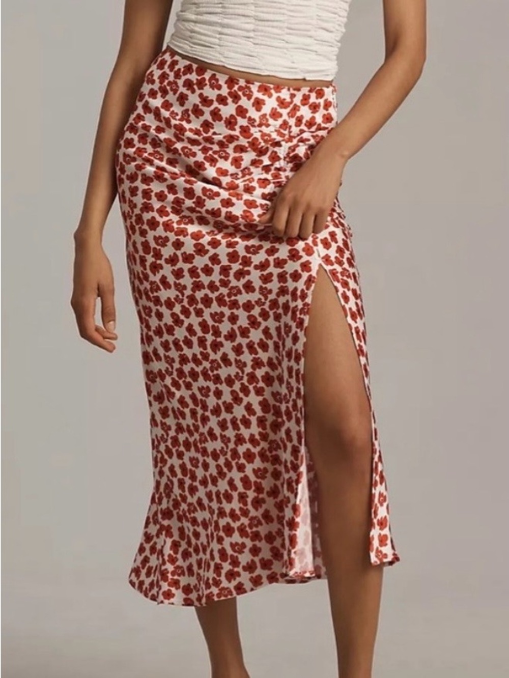 Maeve Mel Ruched Side-Slit Midi Skirt Red & White Floral 🌺Print Medium NWT !